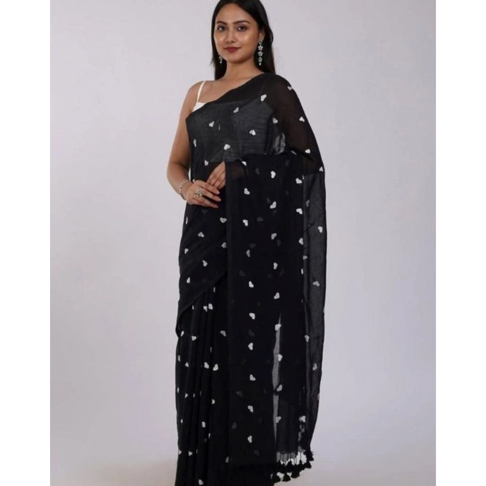 Women'S Linen Printed Saree With Unstitched Blouse 5.5Mtr (Bla