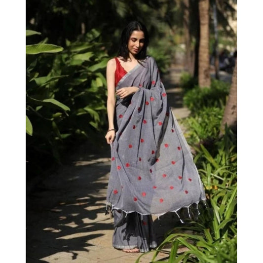 Women'S Linen Printed Saree With Unstitched Blouse 5.5Mtr (Gre