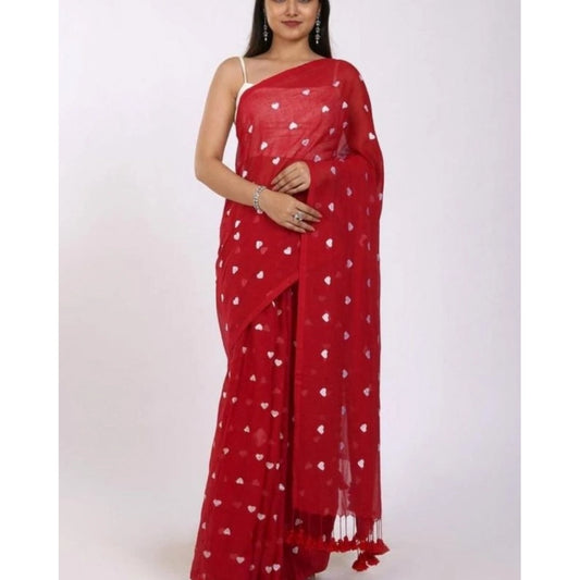 Women'S Linen Printed Saree With Unstitched Blouse 5.5Mtr (Red