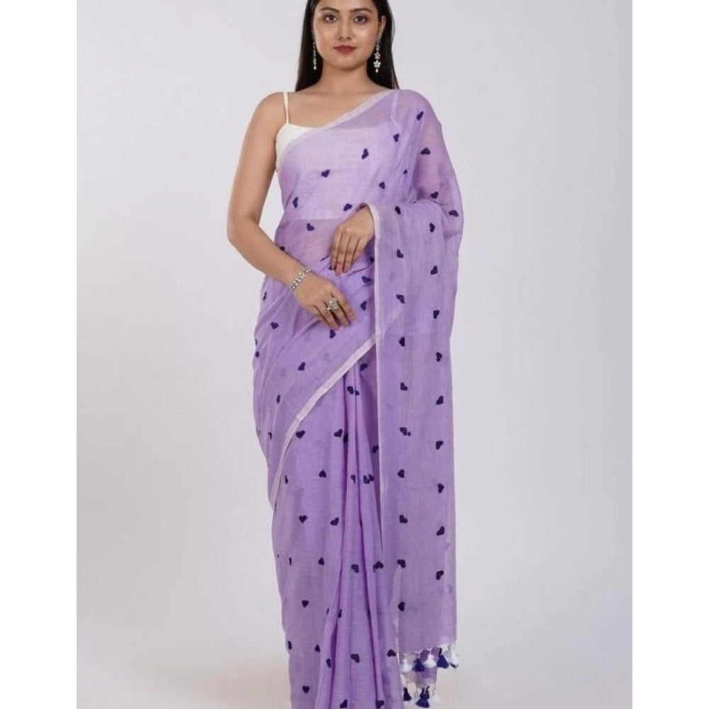 Women'S Linen Printed Saree With Unstitched Blouse 5.5Mtr (Pur