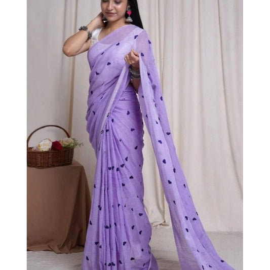 Women's Linen Printed Saree With Unstitched Blouse 5.5Mtr (Purple) - VANSHELLE