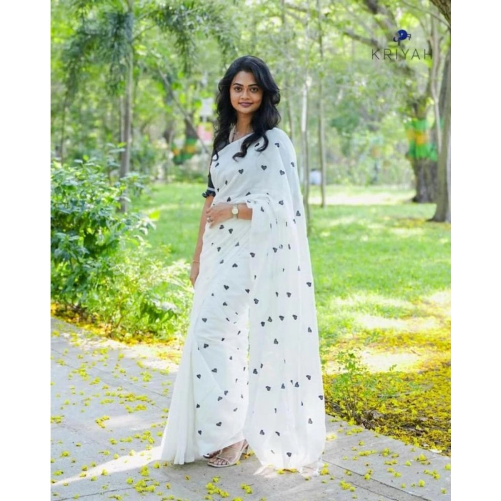 Women's Linen Printed Saree With Unstitched Blouse 5.5Mtr (White) - VANSHELLE