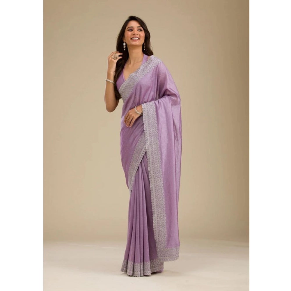 Women's Silk Embroidred Saree With Unstitched Blouse 5.5Mtr (Purple) - VANSHELLE