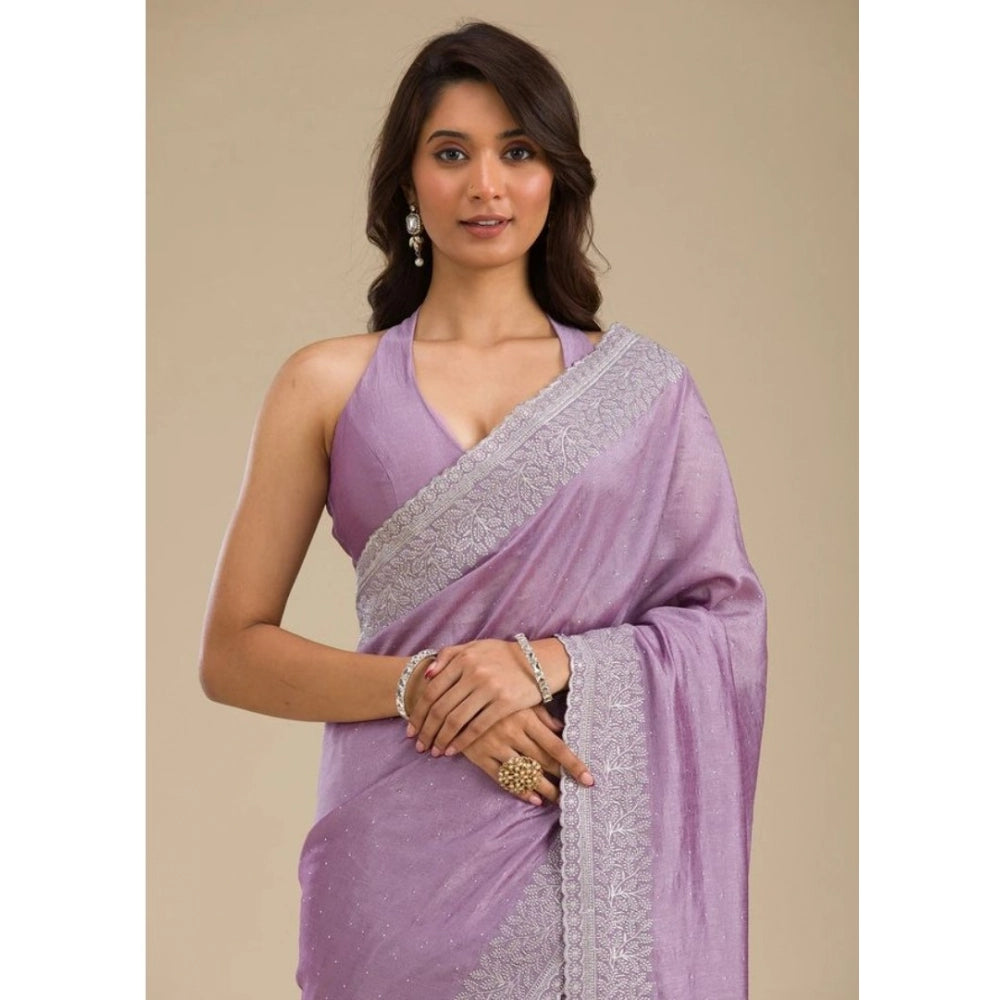 Women's Silk Embroidred Saree With Unstitched Blouse 5.5Mtr (Purple) - VANSHELLE