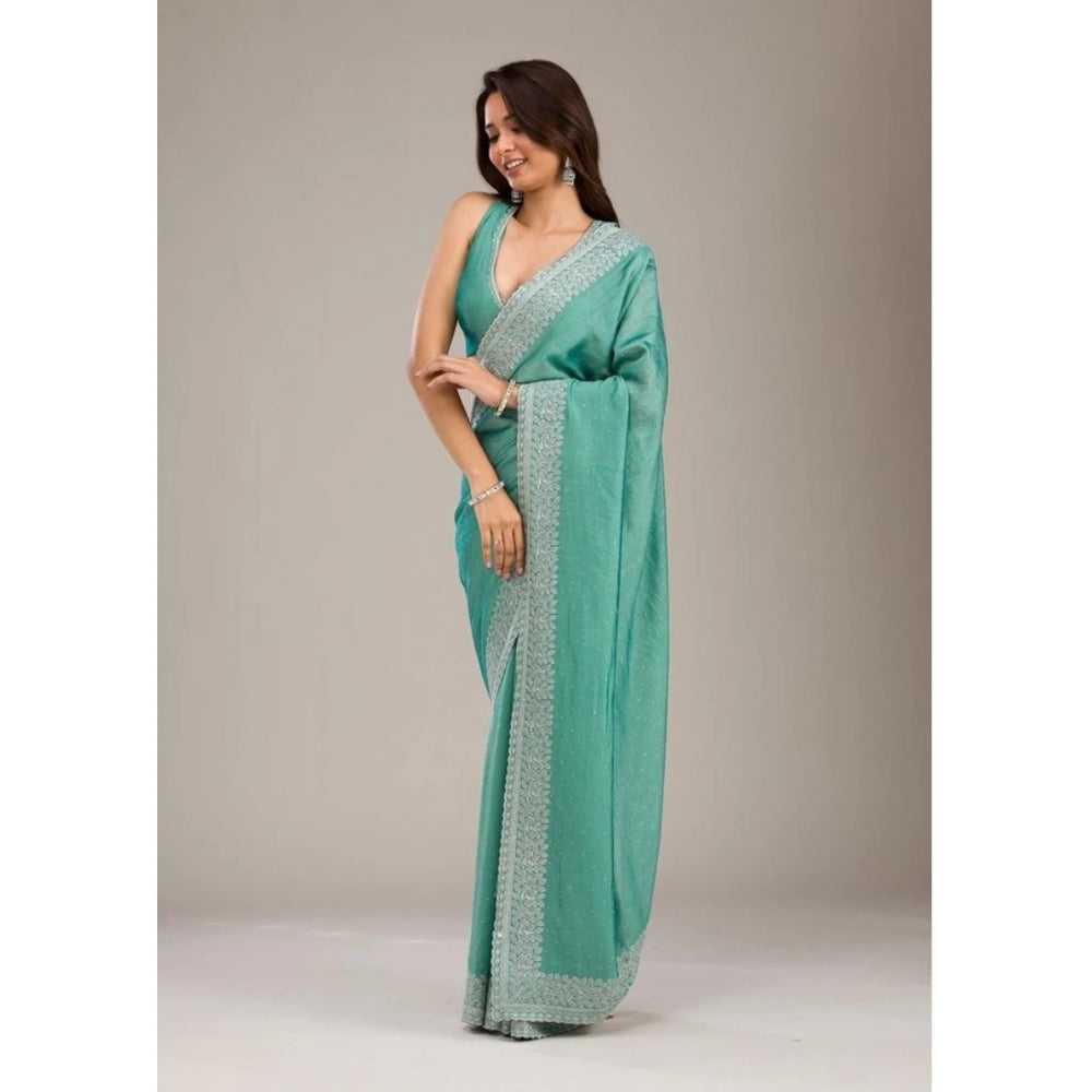 Women's Silk Embroidred Saree With Unstitched Blouse 5.5Mtr (Light Green) - VANSHELLE
