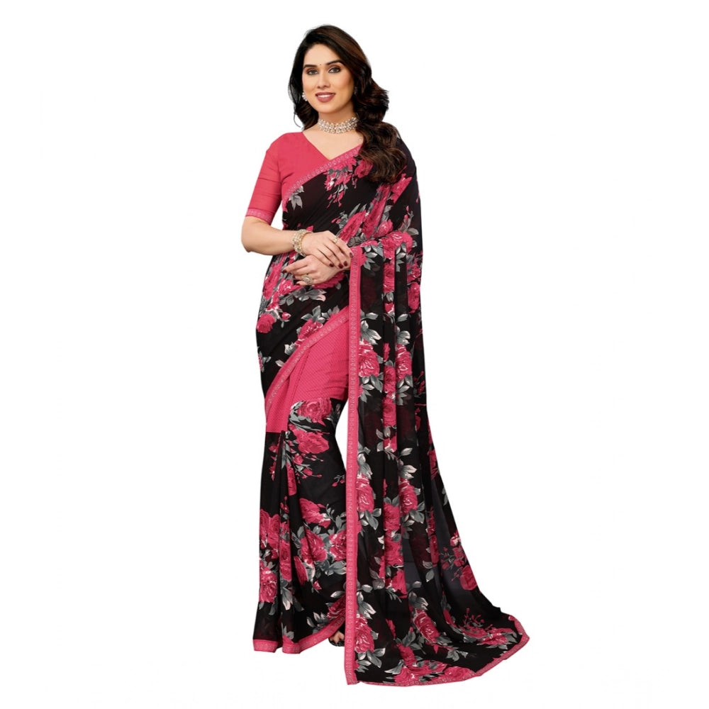 Women's Georgette Printed Saree With Unstitched Blouse 5.5Mtr (Pink) - VANSHELLE