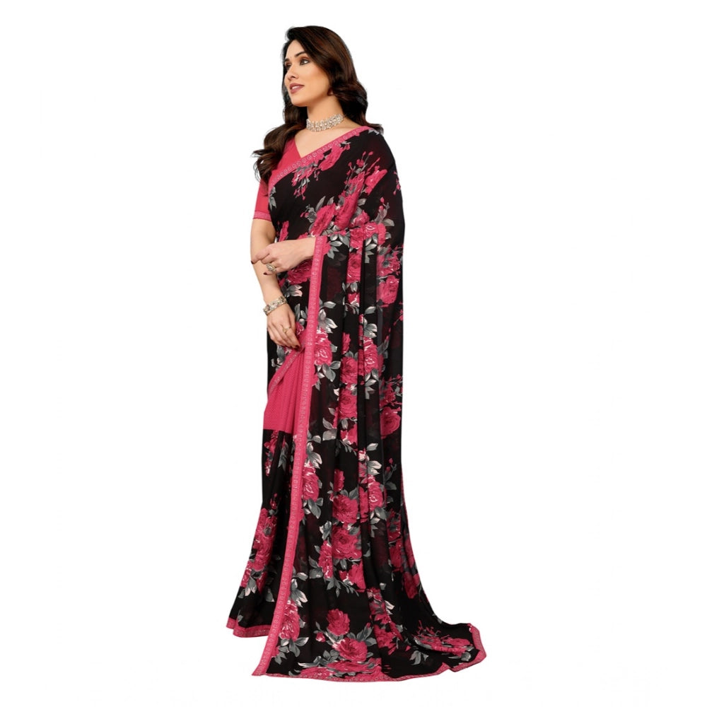 Women's Georgette Printed Saree With Unstitched Blouse 5.5Mtr (Pink) - VANSHELLE