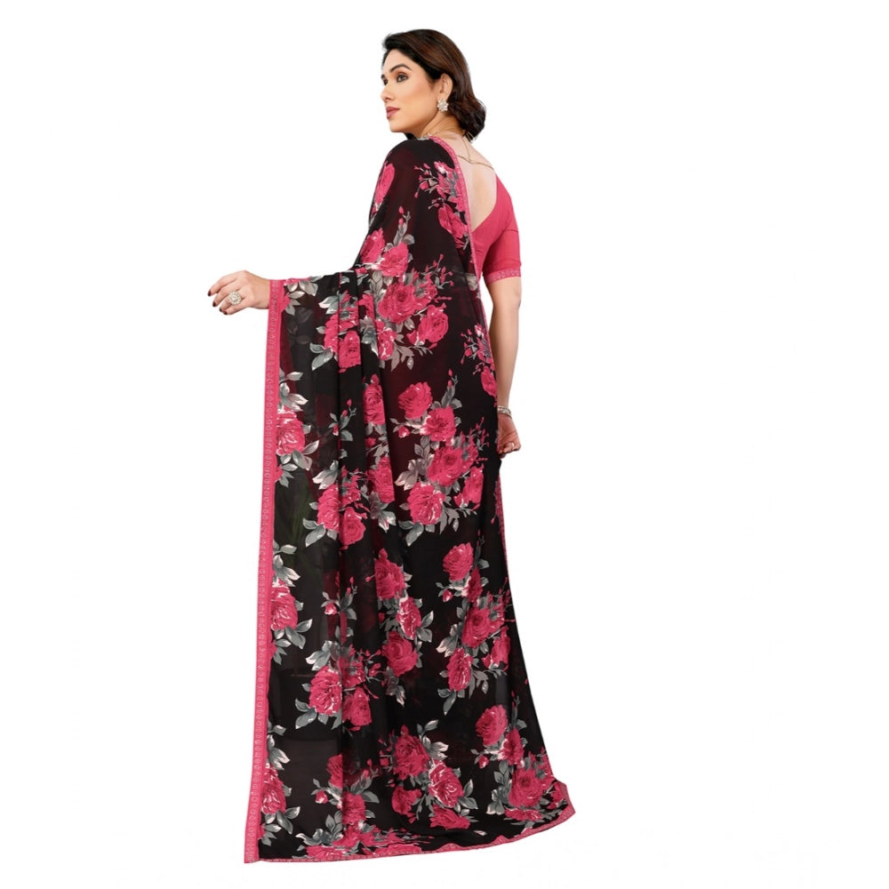 Women's Georgette Printed Saree With Unstitched Blouse 5.5Mtr (Pink) - VANSHELLE