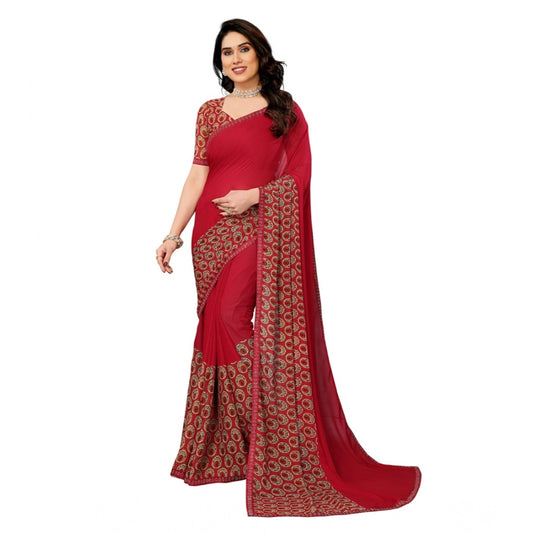 Women's Georgette Printed Saree With Unstitched Blouse 5.5Mtr (Red) by Vanshelle