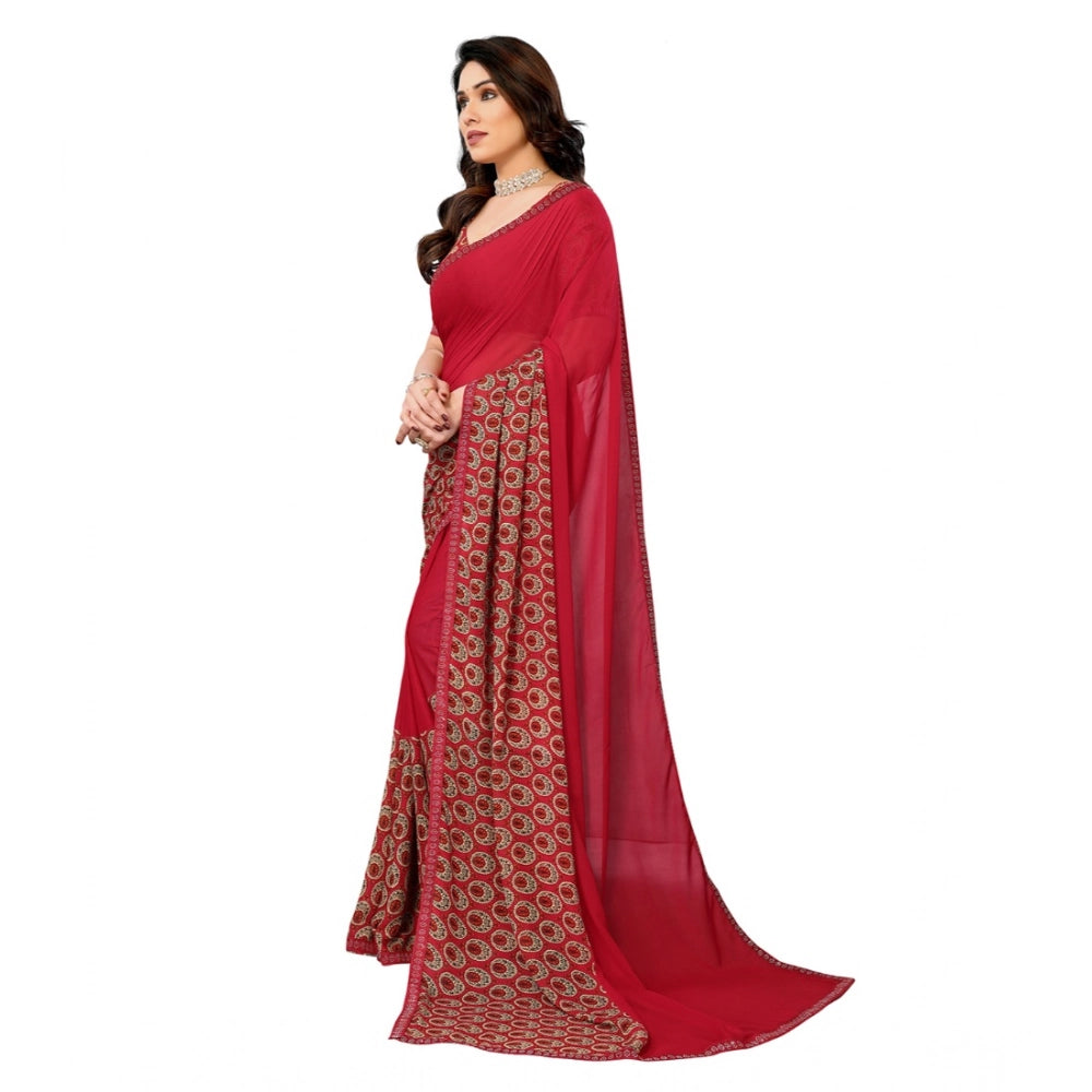Women's Georgette Printed Saree With Unstitched Blouse 5.5Mtr (Red) - VANSHELLE