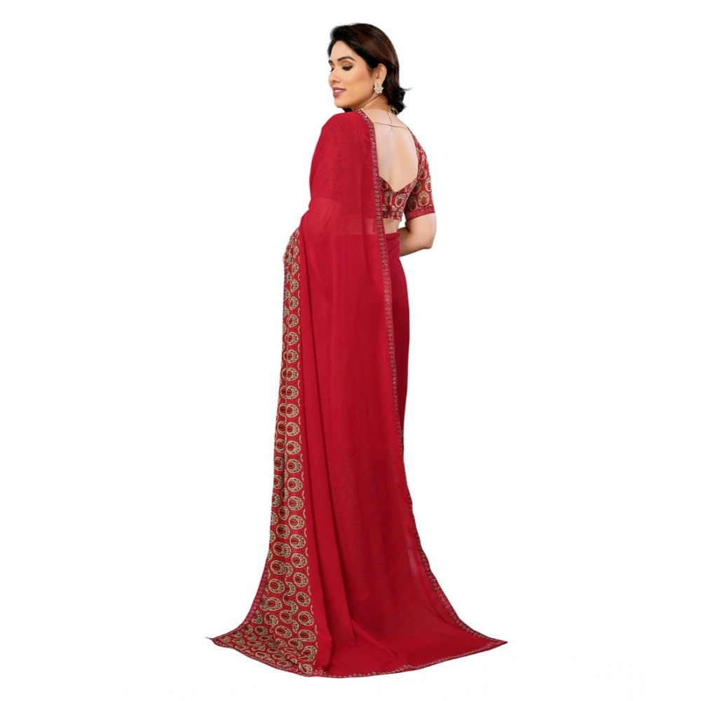 Women's Georgette Printed Saree With Unstitched Blouse 5.5Mtr (Red) - VANSHELLE