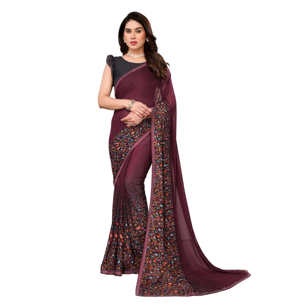 Women's Georgette Printed Saree With Unstitched Blouse 5.5Mtr (Maroon) - VANSHELLE