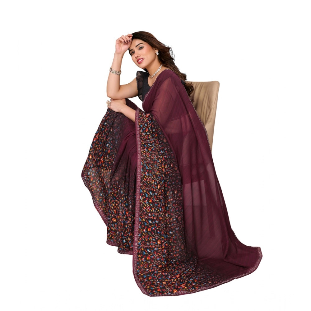 Women's Georgette Printed Saree With Unstitched Blouse 5.5Mtr (Maroon) - VANSHELLE