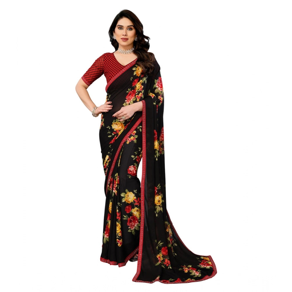 Women's Georgette Printed Saree With Unstitched Blouse 5.5Mtr (Black) - VANSHELLE