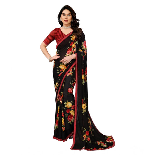 Women's Georgette Printed Saree With Unstitched Blouse 5.5Mtr (Black) - VANSHELLE