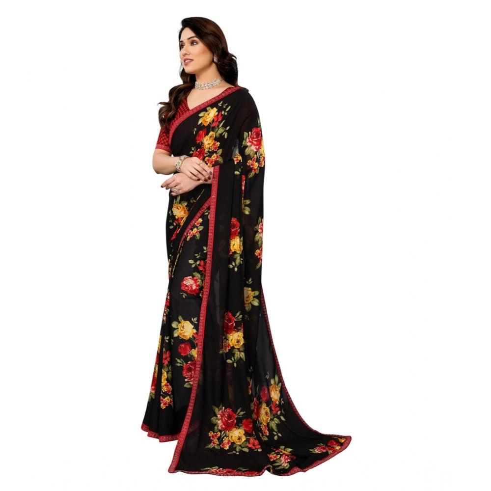 Women's Georgette Printed Saree With Unstitched Blouse 5.5Mtr (Black) - VANSHELLE
