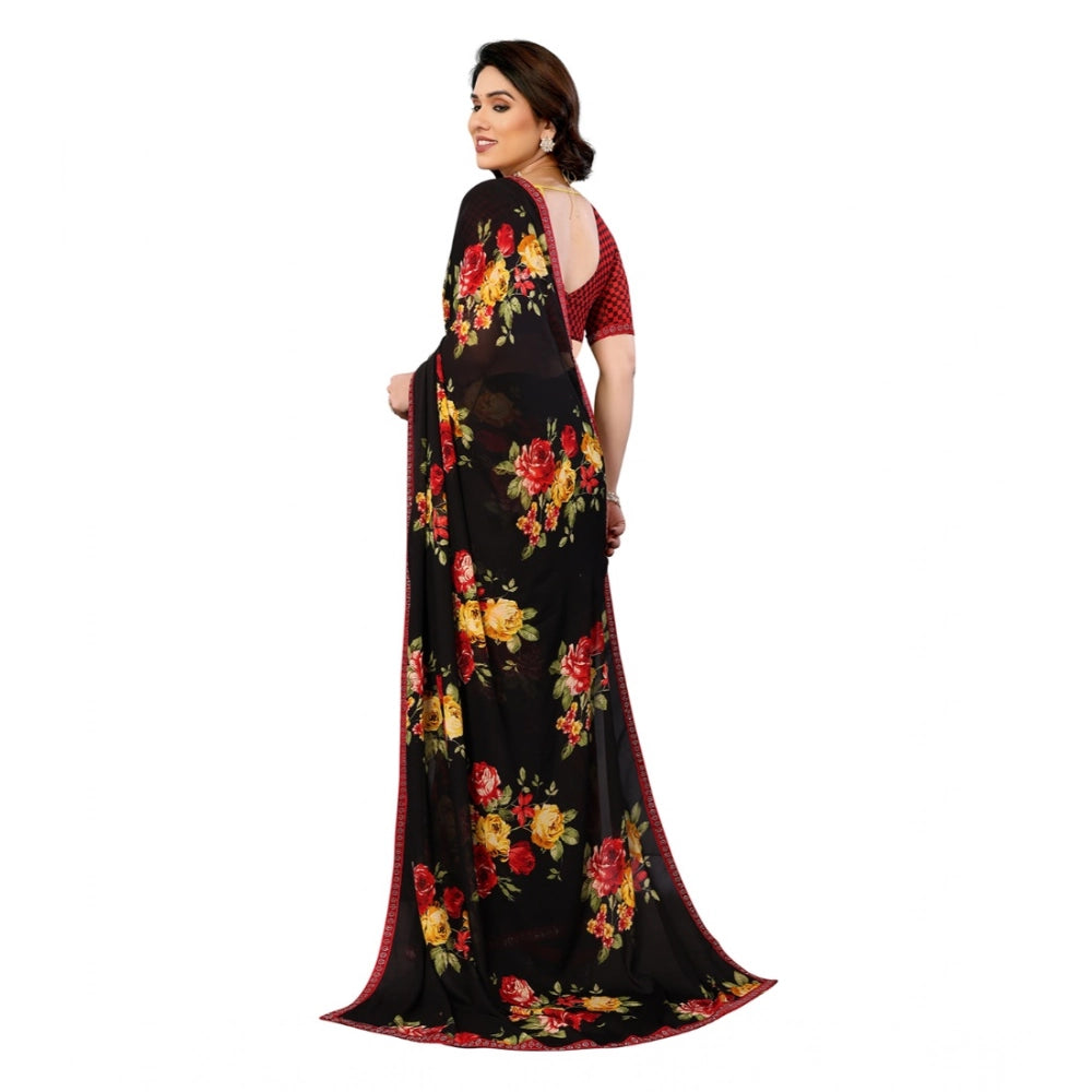 Women's Georgette Printed Saree With Unstitched Blouse 5.5Mtr (Black) - VANSHELLE