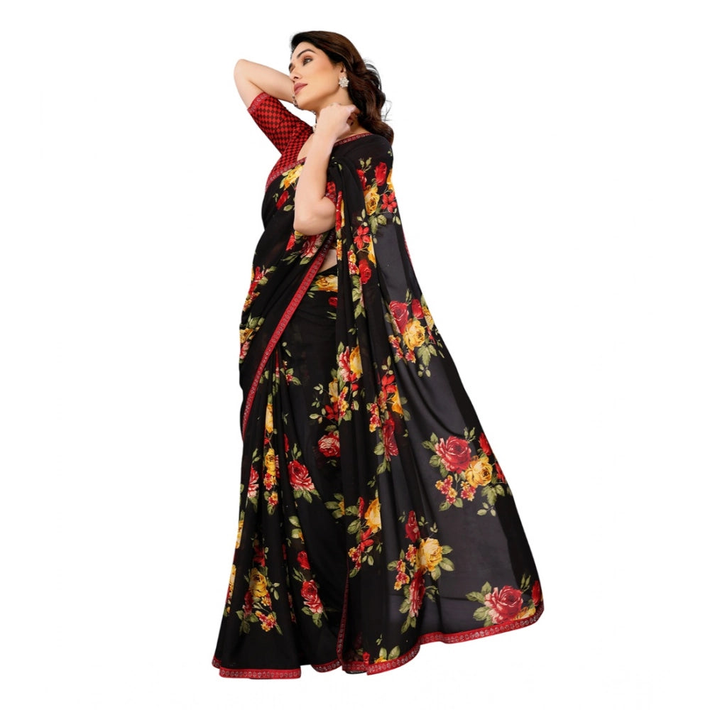 Women's Georgette Printed Saree With Unstitched Blouse 5.5Mtr (Black) - VANSHELLE