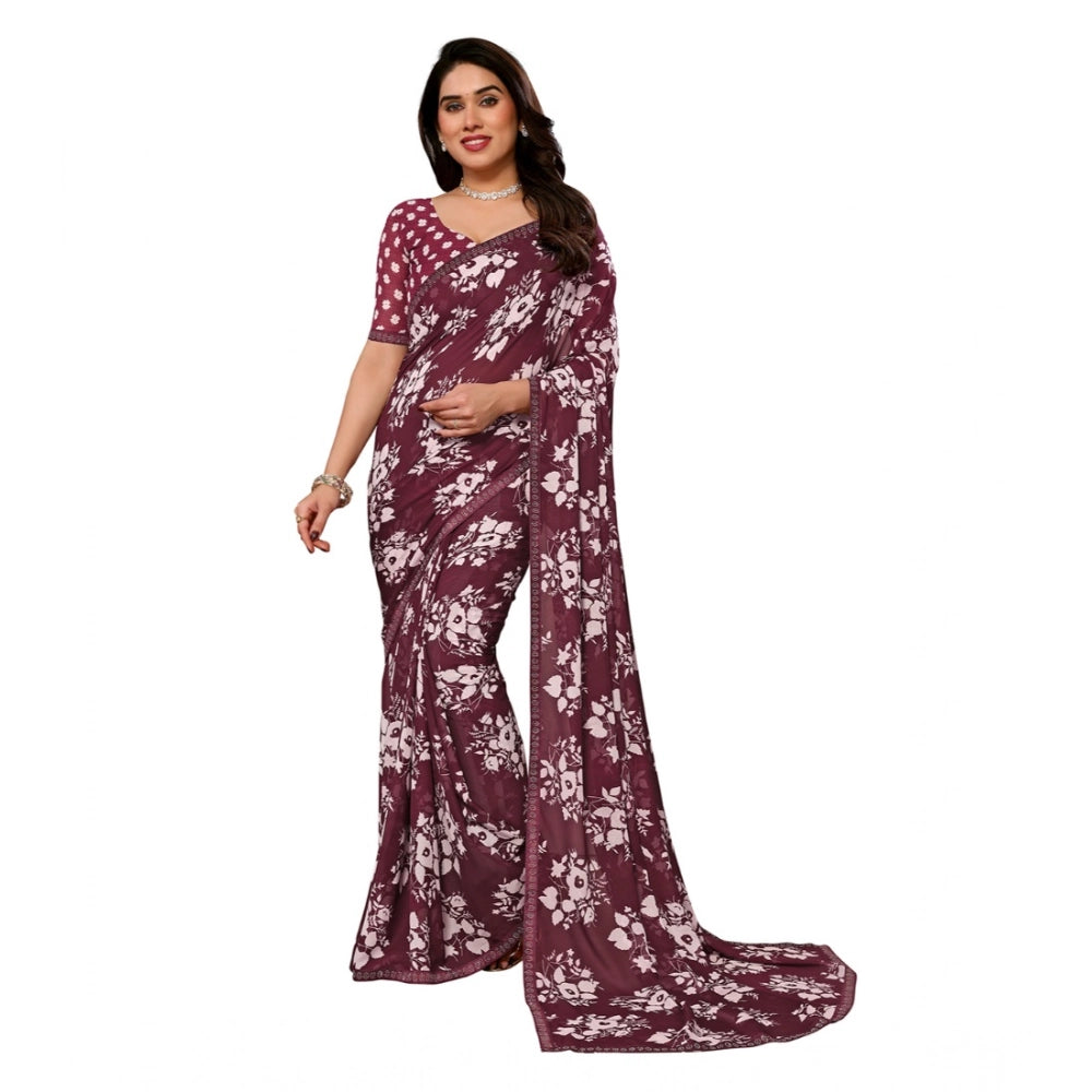 Women's Georgette Printed Saree With Unstitched Blouse 5.5Mtr (Brown)