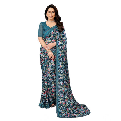 Women's Georgette Printed Saree With Unstitched Blouse 5.5Mtr (Sky Blue)