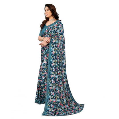Women's Georgette Printed Saree With Unstitched Blouse 5.5Mtr (Sky Blue)