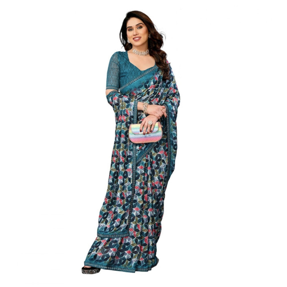 Women's Georgette Printed Saree With Unstitched Blouse 5.5Mtr (Sky Blue)