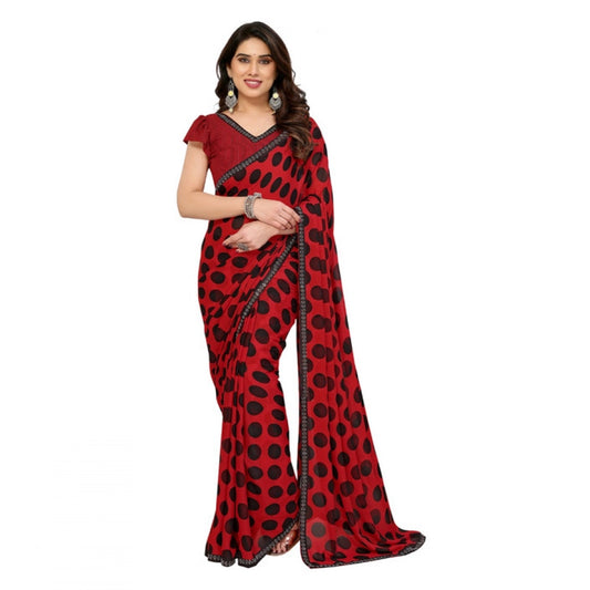 Women's Georgette Printed Saree With Unstitched Blouse 5.5Mtr (Red) - VANSHELLE