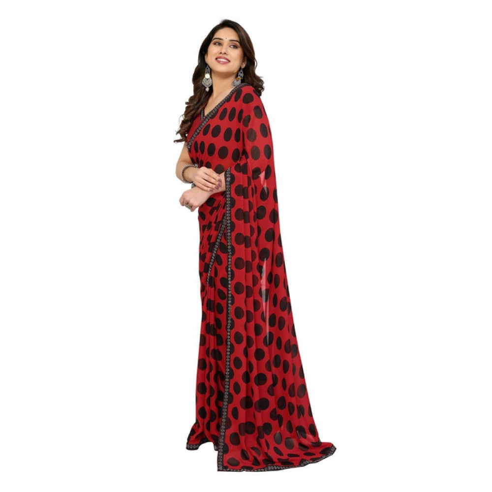 Women's Georgette Printed Saree With Unstitched Blouse 5.5Mtr (Red) - VANSHELLE