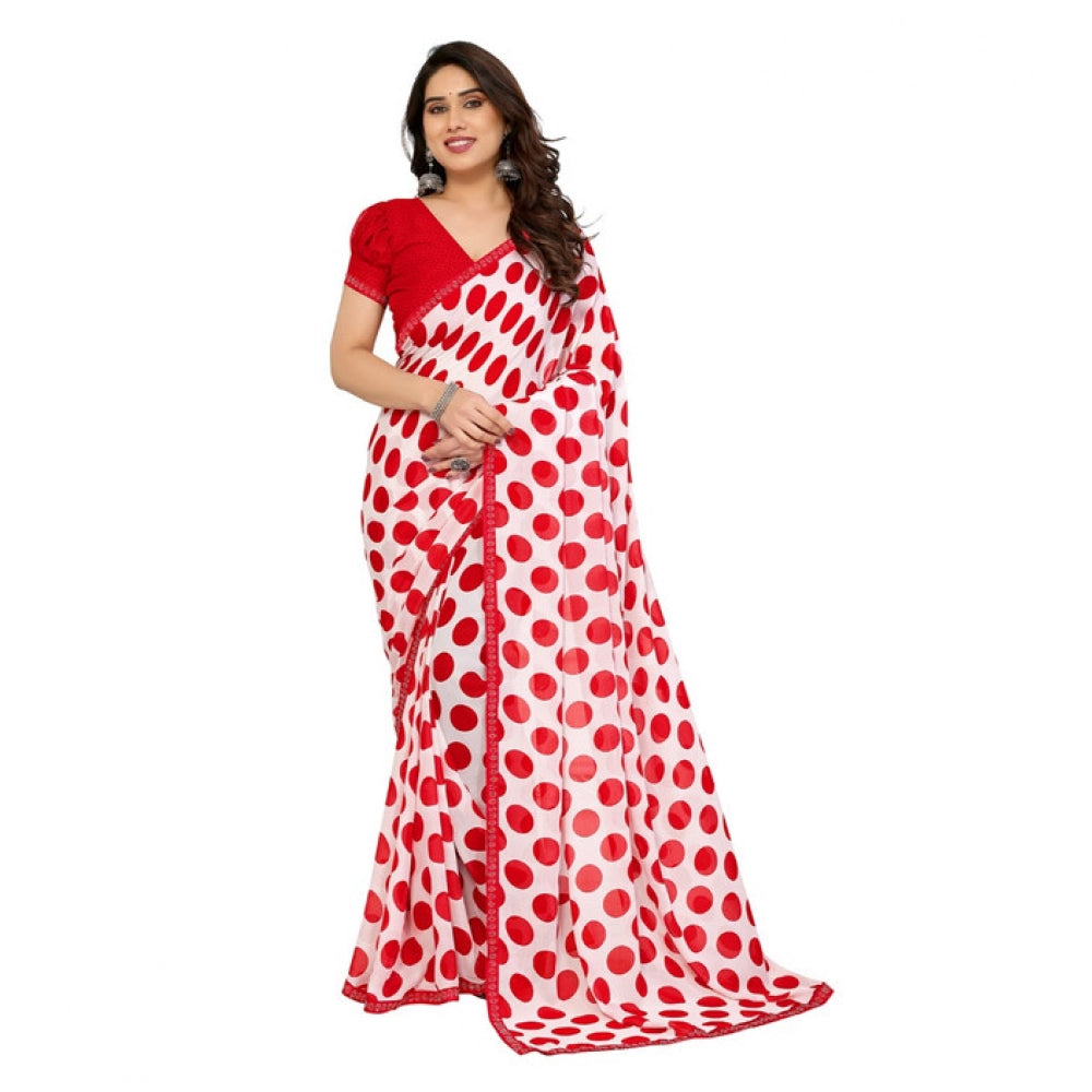 Women's Georgette Printed Saree With Unstitched Blouse 5.5Mtr (Red-White) - VANSHELLE