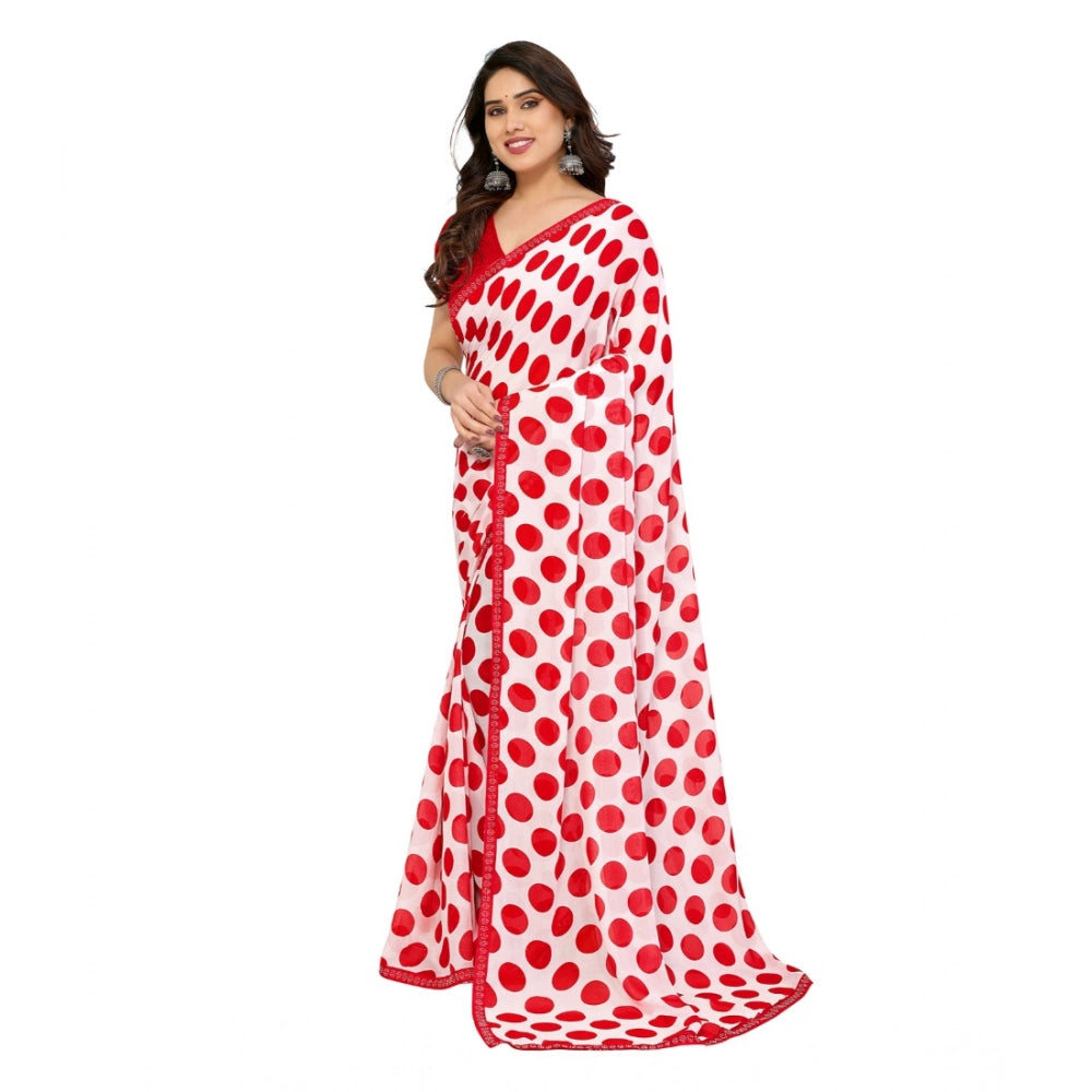 Women's Georgette Printed Saree With Unstitched Blouse 5.5Mtr (Red-White) - VANSHELLE