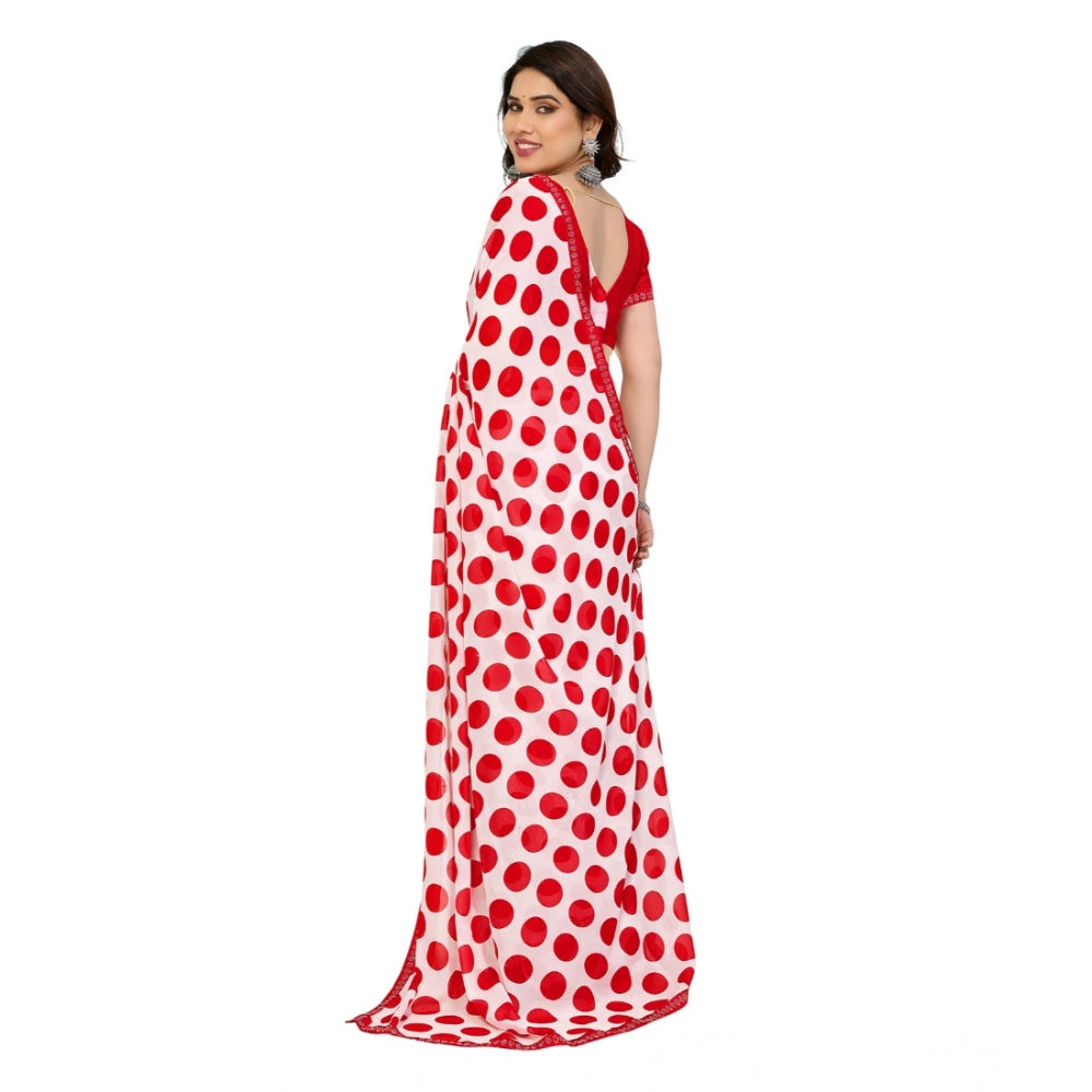 Women's Georgette Printed Saree With Unstitched Blouse 5.5Mtr (Red-White) - VANSHELLE