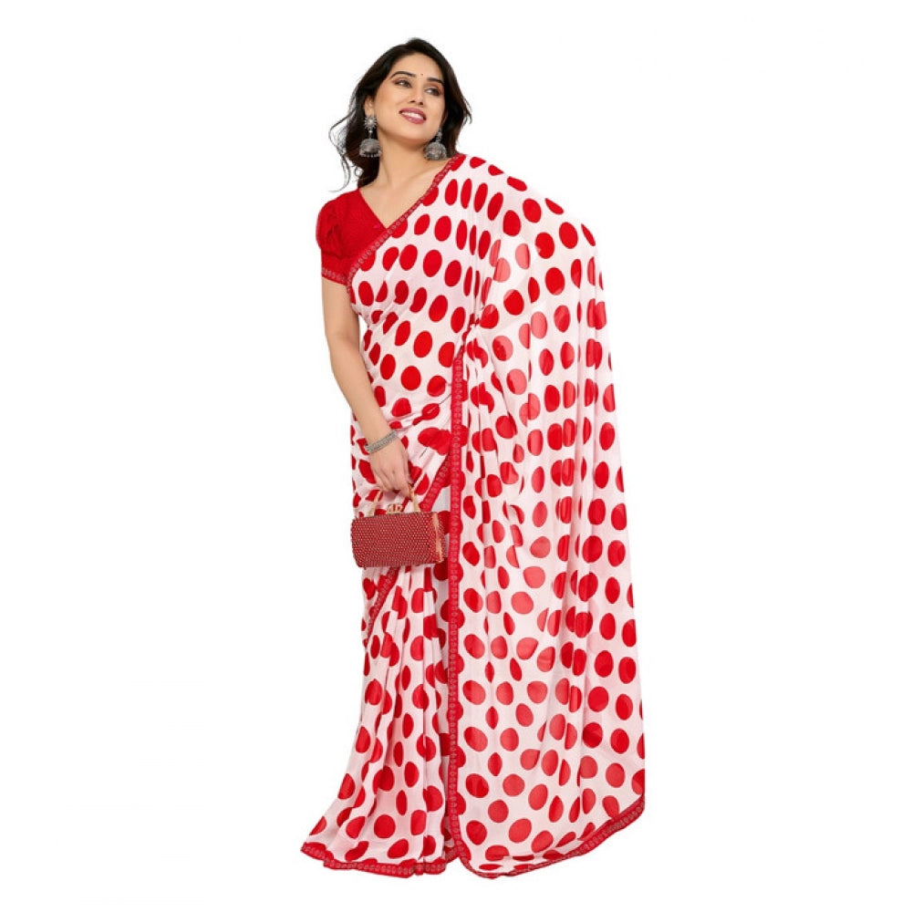 Women's Georgette Printed Saree With Unstitched Blouse 5.5Mtr (Red-White) - VANSHELLE