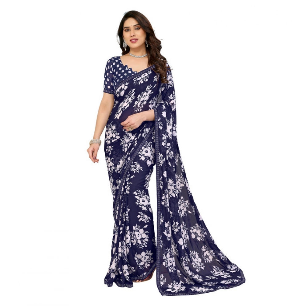 Women's Georgette Printed Saree With Unstitched Blouse 5.5Mtr (Navy Blue) - VANSHELLE