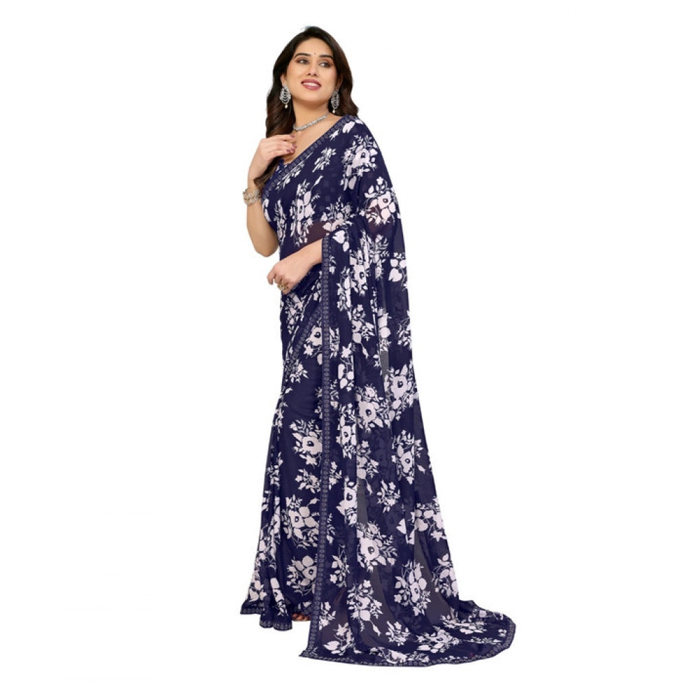 Women's Georgette Printed Saree With Unstitched Blouse 5.5Mtr (Navy Blue) - VANSHELLE