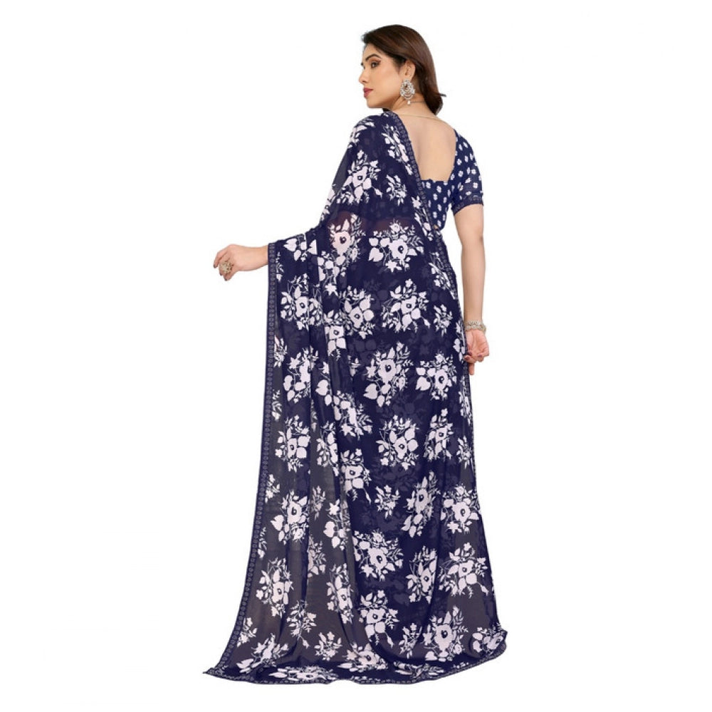 Women's Georgette Printed Saree With Unstitched Blouse 5.5Mtr (Navy Blue) - VANSHELLE