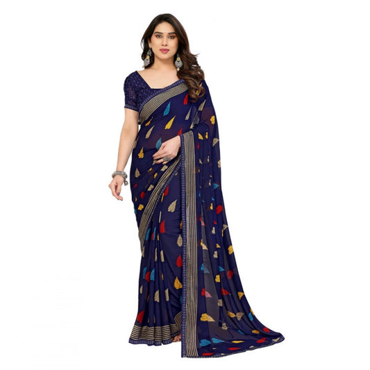 Women's Georgette Printed Saree With Unstitched Blouse 5.5Mtr (Navy Blue) - VANSHELLE