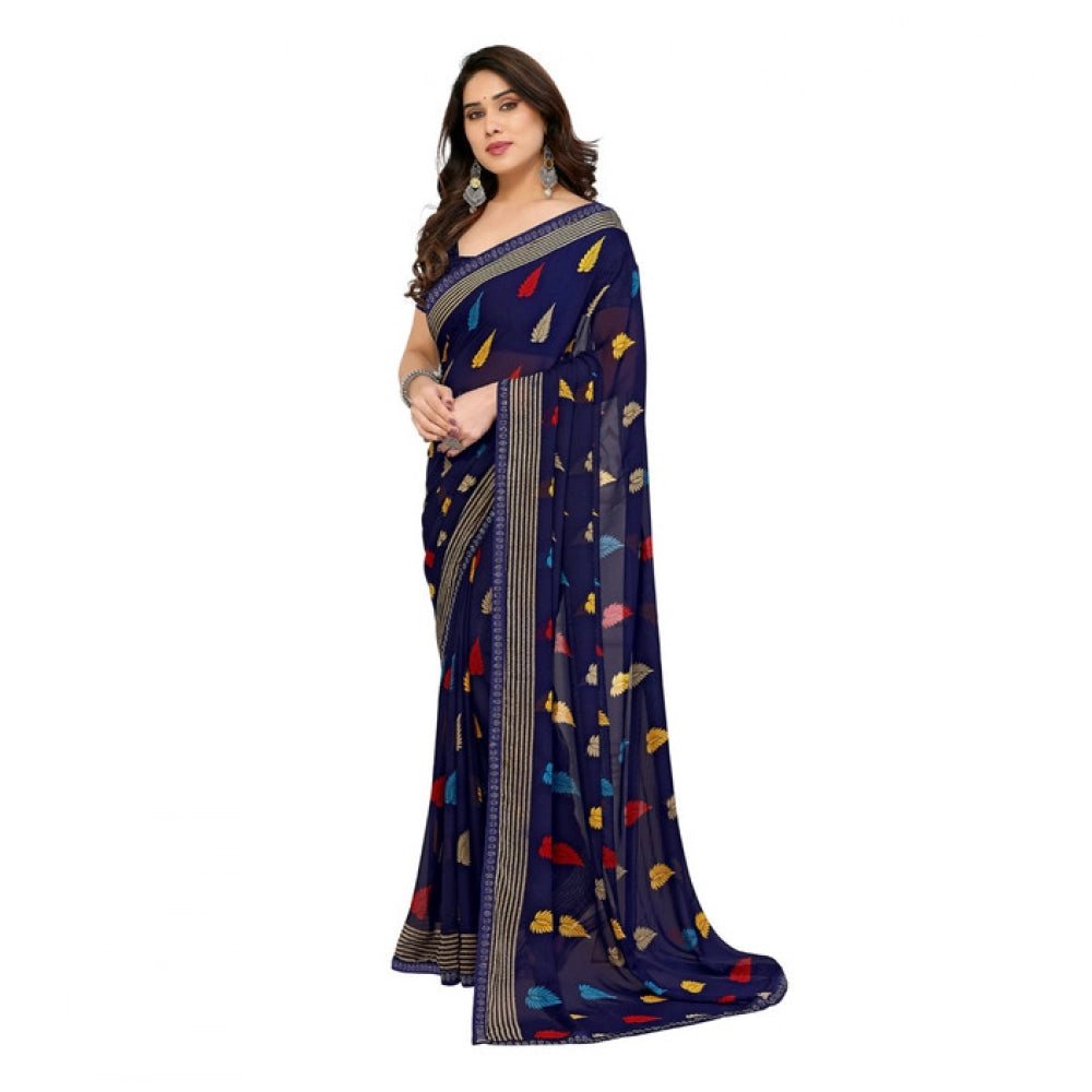 Women's Georgette Printed Saree With Unstitched Blouse 5.5Mtr (Navy Blue) - VANSHELLE