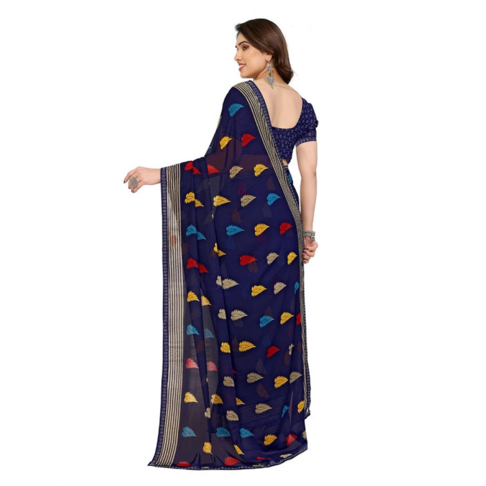 Women's Georgette Printed Saree With Unstitched Blouse 5.5Mtr (Navy Blue) - VANSHELLE