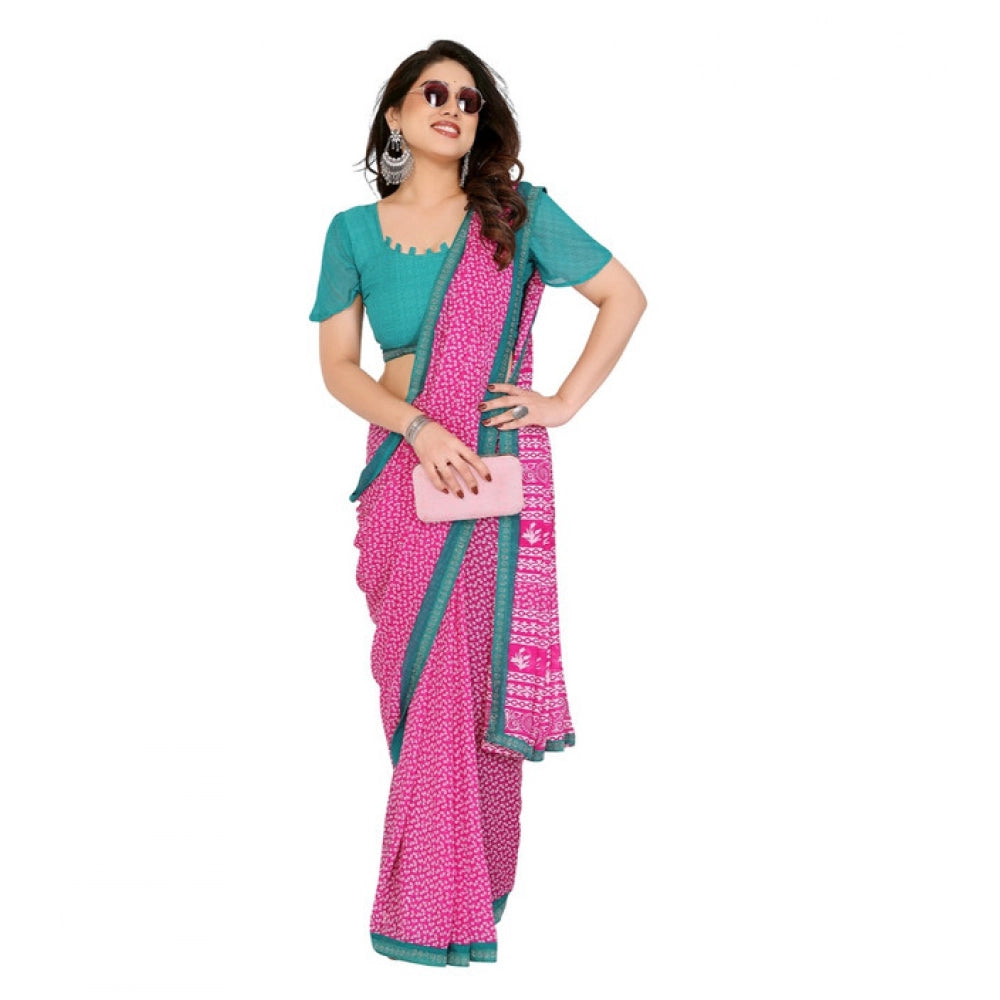 Women's Georgette Printed Saree With Unstitched Blouse 5.5Mtr (Pink) - VANSHELLE