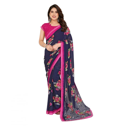 Women's Georgette Printed Saree With Unstitched Blouse 5.5Mtr (Blue) - VANSHELLE