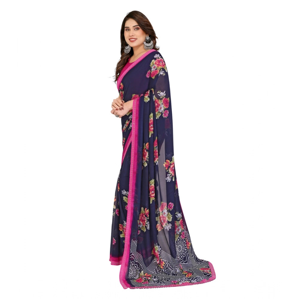 Women's Georgette Printed Saree With Unstitched Blouse 5.5Mtr (Blue) - VANSHELLE