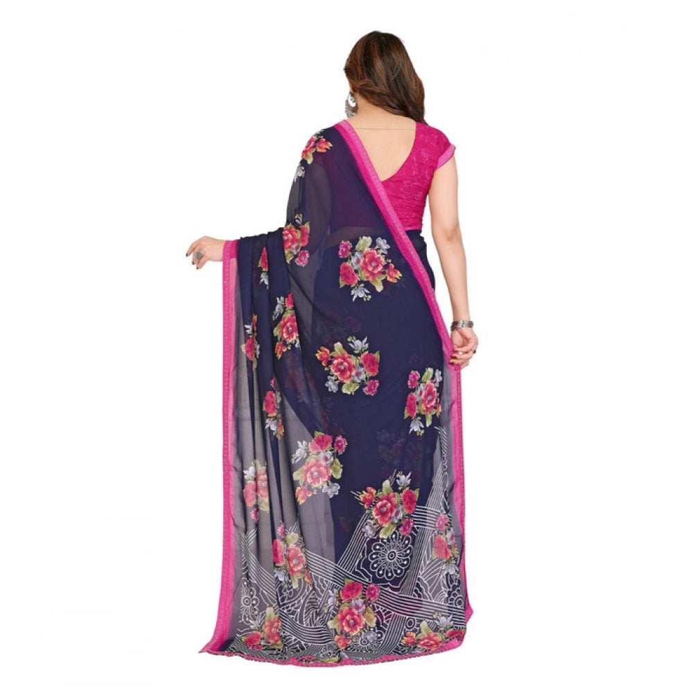Women's Georgette Printed Saree With Unstitched Blouse 5.5Mtr (Blue) - VANSHELLE