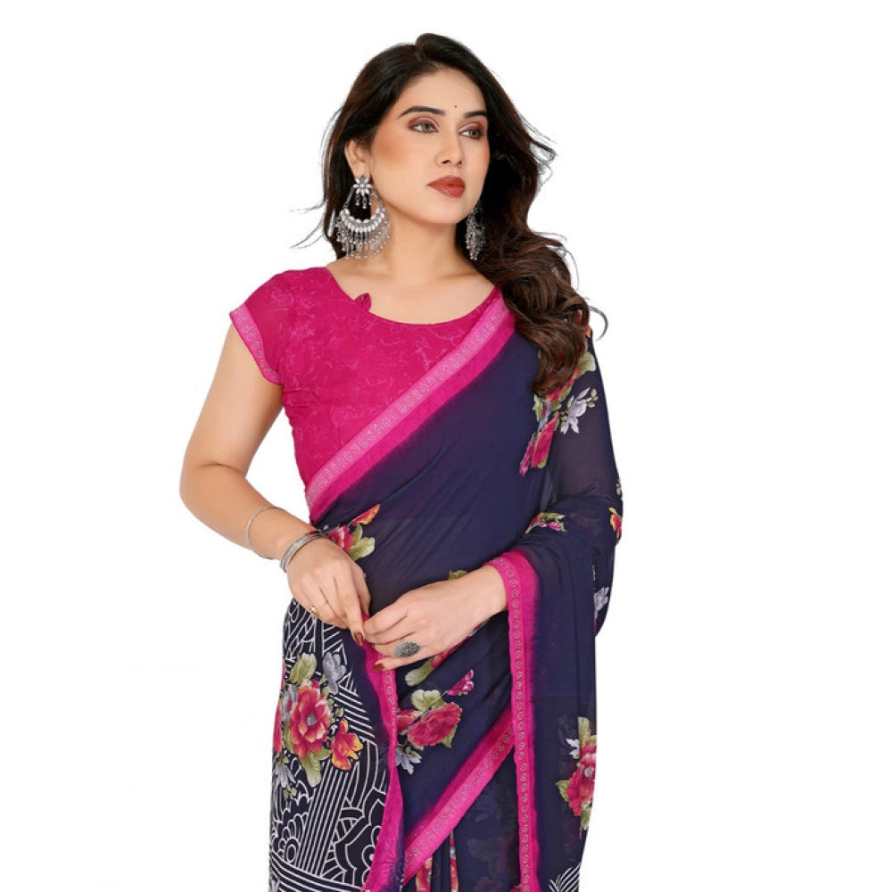 Women's Georgette Printed Saree With Unstitched Blouse 5.5Mtr (Blue) - VANSHELLE