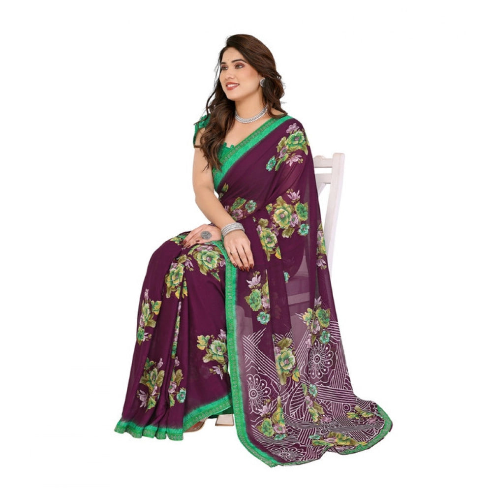 Women's Georgette Printed Saree With Unstitched Blouse 5.5Mtr (Maroon) - VANSHELLE
