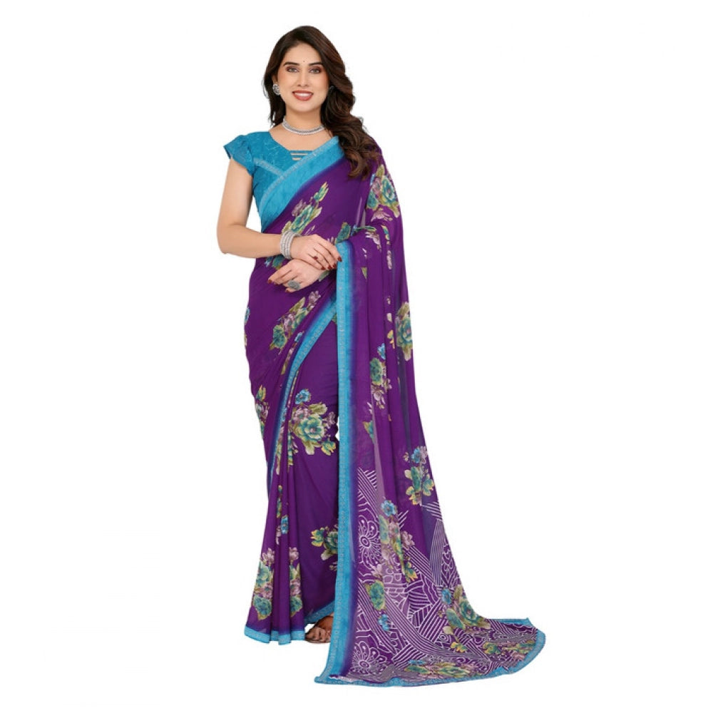 Women's Georgette Printed Saree With Unstitched Blouse 5.5Mtr (Purple) - VANSHELLE