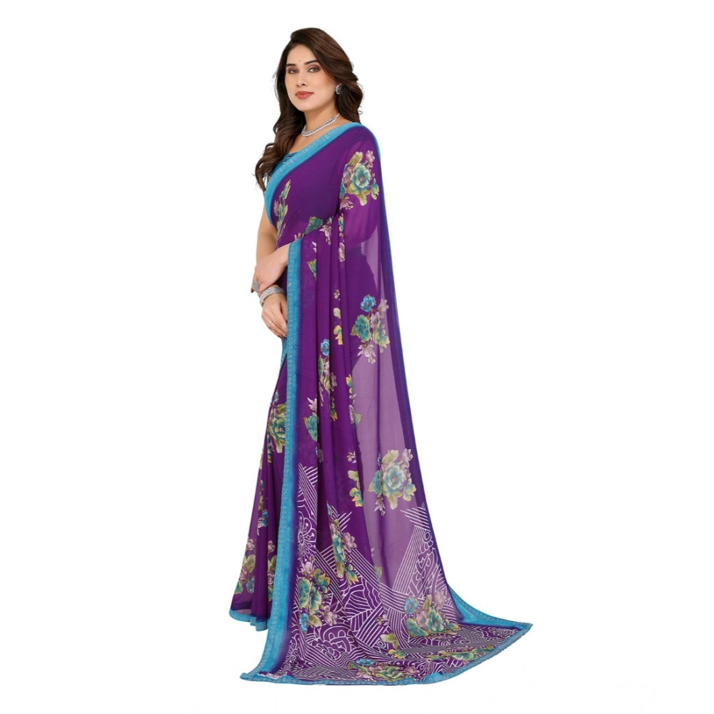 Women's Georgette Printed Saree With Unstitched Blouse 5.5Mtr (Purple) - VANSHELLE