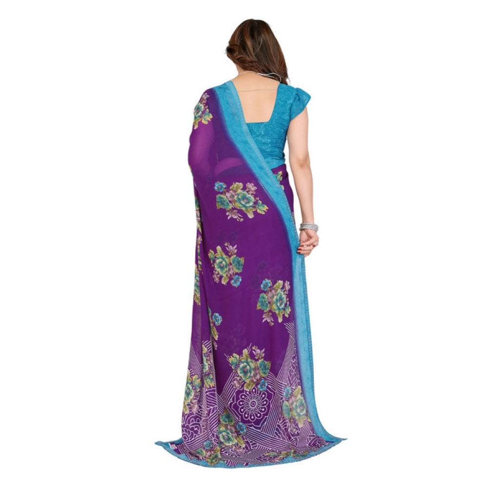 Women's Georgette Printed Saree With Unstitched Blouse 5.5Mtr (Purple) - VANSHELLE