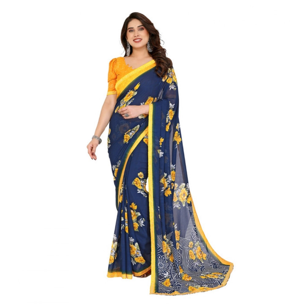 Women's Georgette Printed Saree With Unstitched Blouse 5.5Mtr (Blue) by Vanshelle