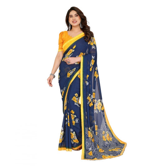 Women's Georgette Printed Saree With Unstitched Blouse 5.5Mtr (Blue) by Vanshelle