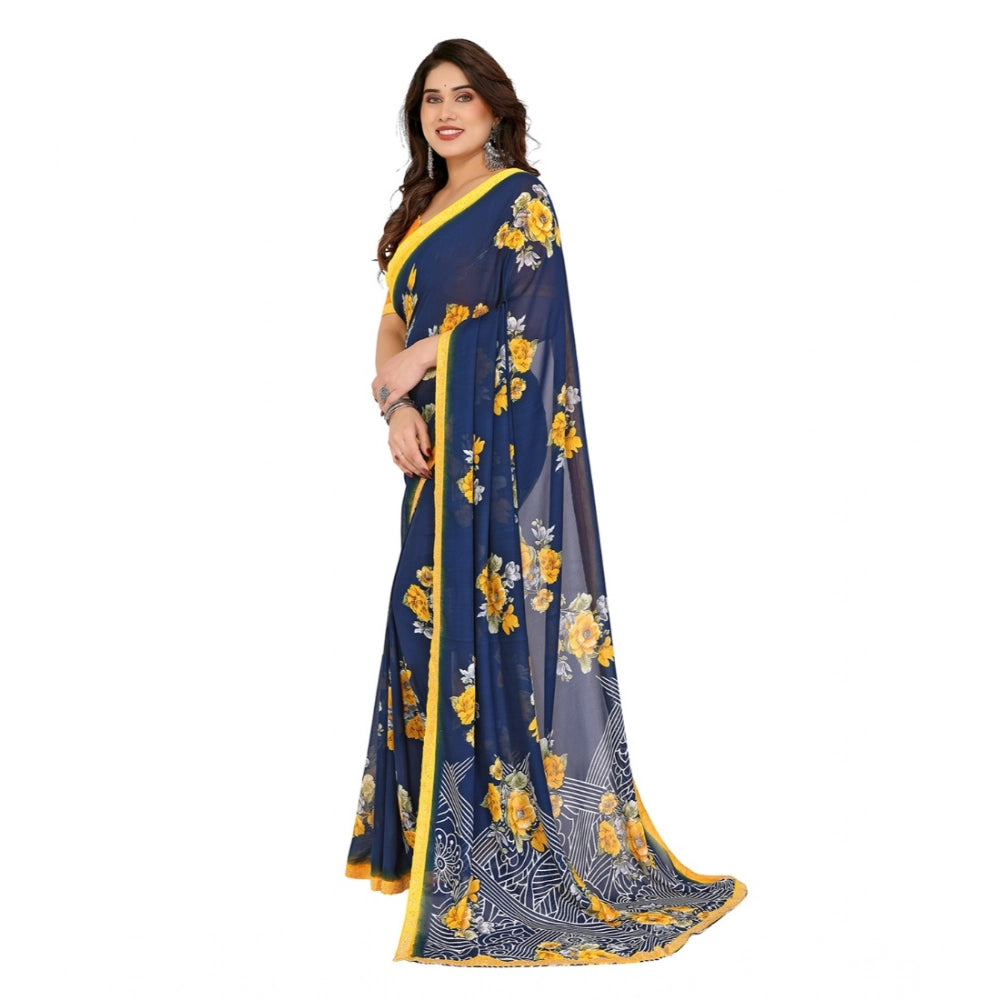 Women's Georgette Printed Saree With Unstitched Blouse 5.5Mtr (Blue) - VANSHELLE